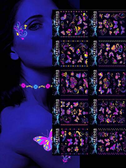 10张夜光纹身贴纸，防水防紫外线霓虹面部纹身，黑暗中发光临时纹身，身体贴纸，派对礼品用品，音乐节必备，情人节用品