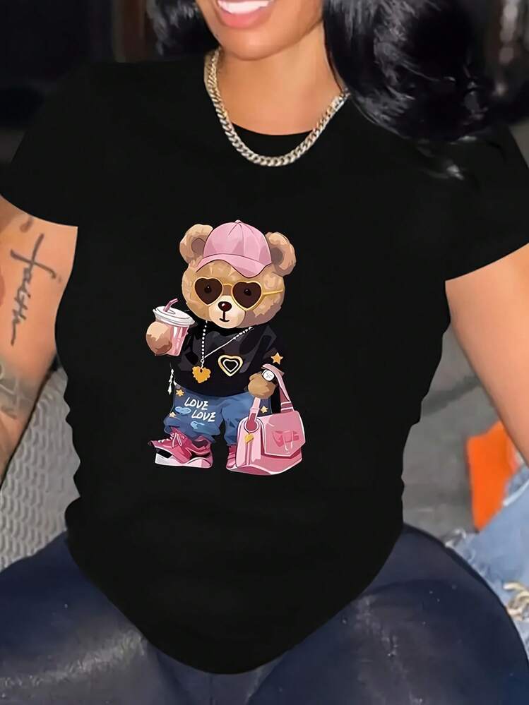 1pc Camiseta Deportiva de Algodón para Mujeres Negra Casual de Manga Corta - Negro - Añade 1