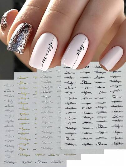 4pcs Letter Nail Art Stickers, Gold, Silver, Black, White Holographic Self-Adhesive Decals, DIY Nail Art Accessories Tools, Nail Supplies Nails