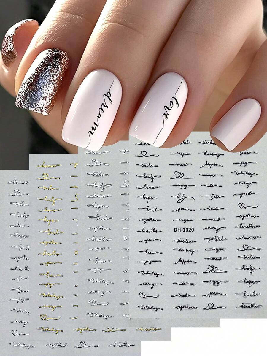 4pcs Letter Nail Art Stickers, Gold, Silver, Black, White Holographic Self-Adhesive Decals, DIY Nail Art Accessories Tools, Nail Supplies Nails - Multicolor - View 1