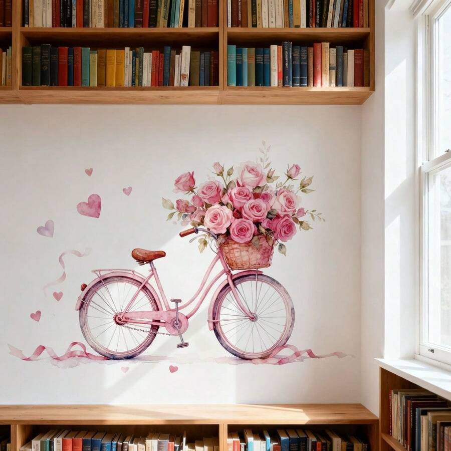 1pc Spring Cycling Wall Sticker - Pink Rose Basket & Floral Path, Self-Adhesive Wallpaper, Creates Cozy Living Room Ambiance; Valentine's Day Home Decor - Sweet Pink Rose Bicycle, Removable & Applicable For Bedroom & Entryway; Romantic Pastoral Wall Sticker - Vintage Bicycle & Blooming Roses, Easy DIY Wall Sticker Set, Ideal Gift For Couples & Housewarming - Multicolor - View 1