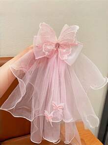 1个女童薄纱蝴蝶结发夹，公主面纱头饰，飘逸丝带马尾夹发饰 - 彩色 - 查看 6