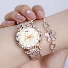 Reloj de mujer con esfera de mariposa en color oro rosa y correa de malla con cristales, con set de pulsera de mariposa. Reloj de cuarzo dulce y enérgico. - Oro rosa - Ver 7