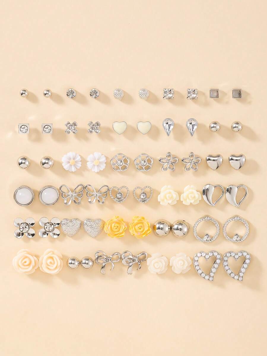 1 Set Of 30 Pairs Fashion Pearl Heart Bow Crystal Faux Pearl All-Metal Simple Elegant Gift Stud Earrings Set For Women
