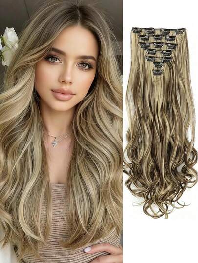 7pcs/Set 16 Clips 24 Inch Long Curly Synthetic Wig Heat Resistant Hair Clips, Ombre Black Brown Golden Color For Women