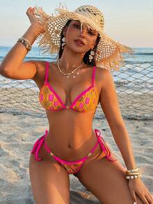 2pcs Women's Sexy Shiny Printed Spaghetti Strap Bikini Set, Tie-Up Triangle Style - Multicolor - View 8
