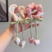 1-Piece Set/New Sweet And Versatile Tulip Flower Large Intestine Headband With High-End Temperament, Headband Tied High Ponytail Hair Accessory - 米色 - 查看 3