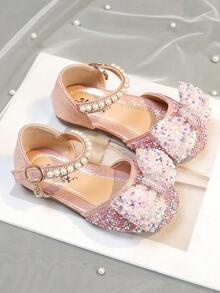 1 Pair Girls' Sweet Princess Bow Rhinestone Summer Sandals, Casual Versatile Flat Slide Sandals, Suitable For Toddler, Little, And Big Kids - Pink - View 5