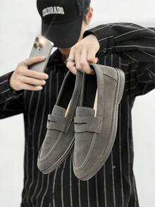 男士休闲乐福鞋，轻便透气平底纯色驾车鞋，套脚莫卡辛鞋，室内/室外鞋，舒适护理鞋 - 灰色 - 查看 5