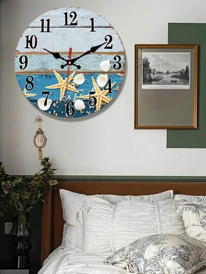 10/12 Inch Coastal Style Wall Clock - Silent Non-Ticking Quartz Movement, Turquoise Blue Wooden Clock Face, Large Easy-To-Read Black Hands, Beach Themed Decor Clock For Living Room, Kitchen, Bathroom, Bedroom - (Clock Movement Not Included) - Ideal Housewarming Gift, Nautical Home Decor, Featuring Starfish And Shell Patterns, Retro Blue And White Dial, Fashionable Wall Clock, Oversized Decorative Clock, Vintage Wall Clock, Living Room Wall Clock