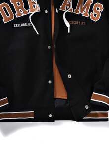 男士加大码长袖刺绣字母图案条纹饰边抽绳连帽夹克，复古摇滚风，秋季款