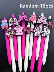5/10支装粉色系列护士笔，护士主题按动式圆珠笔，适合作为医生、护士、医务助理和学生礼物，护士节礼物，医用笔套装，随机款式 - 黑色 - 查看 10