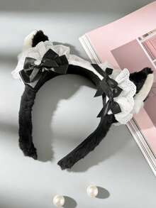 1pc Cute Furry Cat Ear Headband With Bow Tie For Women, Pink - Multicolor - View 7