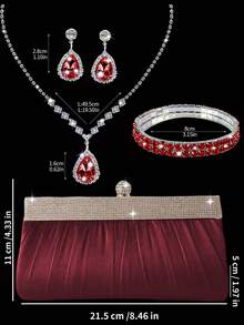 闪亮水钻晚宴手拿包，奢华新款女士派对和舞会包，迷人的水钻搭扣单肩包，搭配闪亮水钻三件套：项链、耳环和手链，非常适合派对、晚宴、舞会和婚礼。 - 酒紅色 - 查看 3
