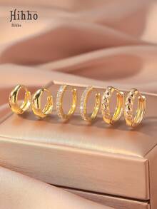 Hihho Bộ 6 khuyên tai kẹp thiết kế cao cấp phong cách Âu Mỹ, khuyên tai Zirconia cổ điển, khuyên tai sang trọng tối giản, thích hợp đeo hàng ngày hoặc đeo một lần, quà tặng tuyệt vời cho bạn bè - Vàng - Xem 2