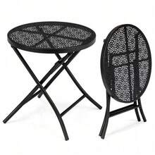 Black 18 Inch Folding Metal Steel Patio Side Table - Round Outdoor Coffee Table With Flower Cutouts For Yard Balcony Garden Use - 預設 - 查看 1
