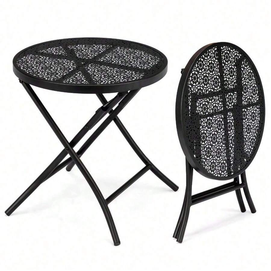 Black 18 Inch Folding Metal Steel Patio Side Table - Round Outdoor Coffee Table With Flower Cutouts For Yard Balcony Garden Use - 預設 - 查看 1