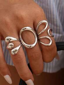 Frminee Bộ 3 chiếc nhẫn hình học bằng thép không gỉ mạ vàng 18K cao cấp, thời trang, tối giản, thanh lịch, độc đáo, tinh tế, thích hợp cho nữ đeo hàng ngày hoặc làm quà tặng. - Bạc - Xem 3