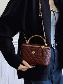 秋冬新款时尚经典百搭纯色方盒包，绗缝方包，手提包，拉链开合单肩包，金属扣装饰设计单肩包，适合旅行、购物、聚会、约会。