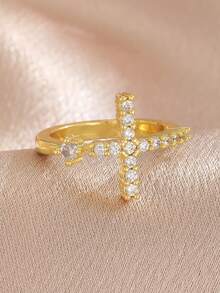 1pc Exquisite Sparkling Pave Zirconia Heart & Cross Ring For Kids Fashion Delicate Party Banquet Vacation Shopping Dates Christmas Birthday Jewelry Gift For Daily Casual - Gold - View 5