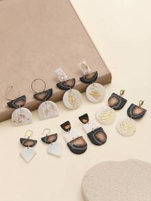 1 Pair Fashion Retro Premium Polymer Clay And Metal Drop Earrings With Marbled Agate Texture Gilding Detail Asymmetrical Geometric Shape Decor Dangle Earrings For Young Females Weekend Hangout Art Exhibition Wear And Retro Luxury Style Enthusiasts Party Daily Accessories - Multicolored Gilded Pottery - View 1