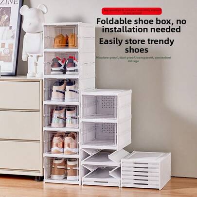 1个可折叠塑料鞋架，可折叠鞋子收纳架，衣柜鞋盒，节省空间，大容量坚固可堆叠运动鞋收纳盒，安装简便