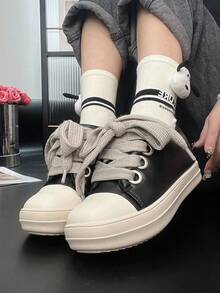 [Local Delivery][Quick Arrival]Women's Low-Top Lace-Up Casual Shoes Fashionable Shoes Women's Flat Shoes  Can Be Matched With Jeans Black Shoes For Women Women's Leather Shoes With Thick Shoelaces Bread Shoes Box Packaging - 黑色 - 查看 3