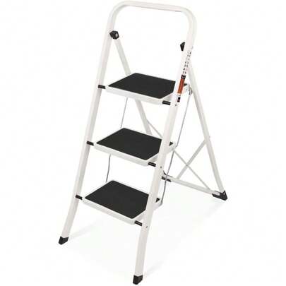 3 Step Ladder Folding Step Stool With Wide Anti-Slip Pedal 330lbs Capacity Portable Lightweight Ladders For Home Kitchen Outdoor White