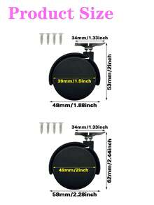 48mm/58mm 4pcs Black Swivel Casters, Heavy Duty, Suitable For Office Chairs, Desks, Computer Stands, Kitchen Racks, Furniture, Planters, And Various Flat-Bottom Household Items