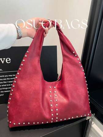 Women's Vintage Large Capacity Handbag Casual Shoulder Bag With Rivet Decor, Suitable For Daily Use, Commuting, Shopping, Outing