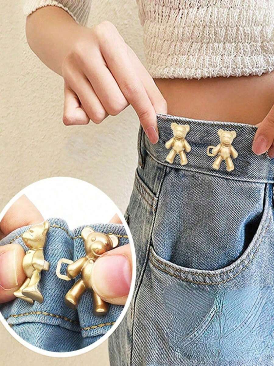 2pcs Bear Pattern Pants Sewing Buttons Jeans Buttons, No Sewing Removable Bear Waist Buckle Pants Waist Change Artifact Bear Buckle Skirt Buckle Decorative Buckle, Waist Change Artifact Pants Button, Adjustable Belt Button - Multicolor - View 1