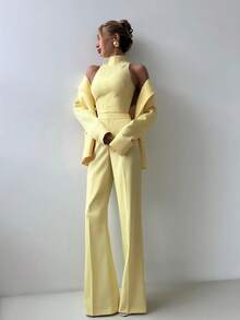 3pcs Women Autumn/Winter Set: Mustard Top, Jacket And Pants Spring - Yellow - View 1