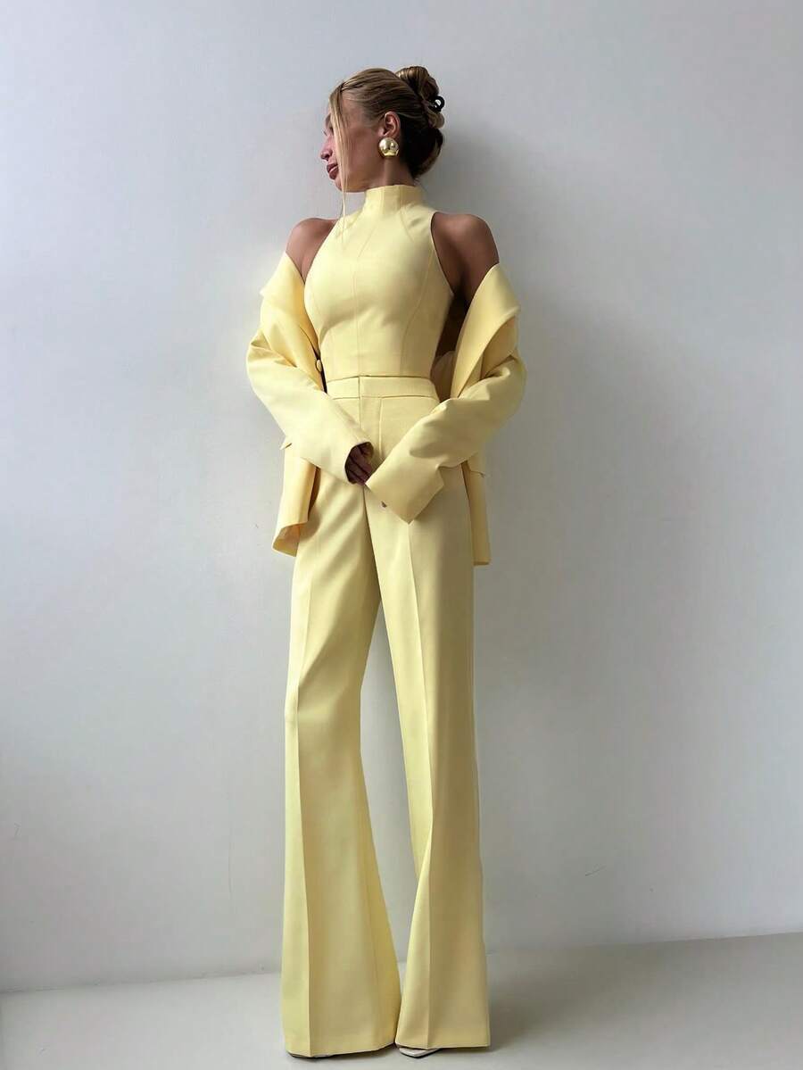 3pcs Women Autumn/Winter Set: Mustard Top, Jacket And Pants Spring - Yellow - View 1