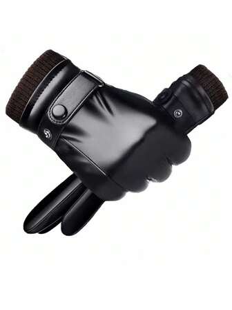 1 Pair Women's PU Leather Solid Black Fleece Lined Gloves, Outdoor Cycling Skiing Warm Fingerless Gloves With Touchscreen Capability, Elegant Style