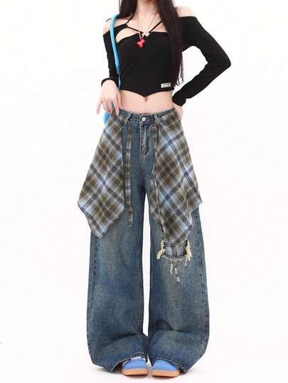 女士格子破洞翻边直筒牛仔裤，复古直筒裤（带翻边）