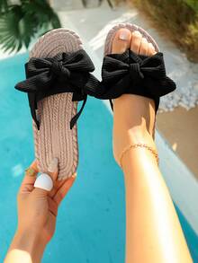 女士时尚轻便平底人字拖，手工蝴蝶结套脚平底凉鞋，休闲通勤度假沙滩鞋，春夏款 - 黑色 - 查看 8