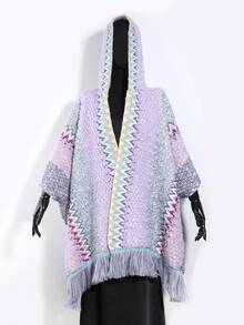 1件女士时尚几何菱形图案流苏波西米亚风连帽斗篷，适合休闲外出、日常穿着、旅行和度假。 - 彩色 - 查看 9