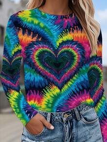 Women's Multicolor Tie-Dye Heart Print Long Sleeve T-Shirt - All-Over  Pattern With Blue Pink Green Yellow Orange Red White Black, Round Neck Casual Spring/Fall Top For Valentine's Day & Casual Attire, Fall Outfit, Spring Fashion, Colorful Design, Breathable Material, Machine Washable, Printed Blouse, Women, Gift Seekers   Ideal For Everyday Wear, Casual Layering, And Comfort, This Relaxed Shirt Is A Versatile Holiday Top Suitable For Camping Or Hiking, Designed For Year-Round Casual Dressing - Mixed Color - 查看 2