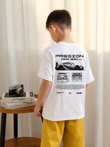 男孩和青少年学生休闲印花圆领短袖 T 恤，夏季上衣 - 白色 - 查看 2