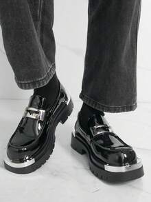 Men's Round Toe Thick Sole Derby Shoes, Fashion Loafers, Glossy Slip-On Casual Retro Dress Shoes For Men - Black - View 3