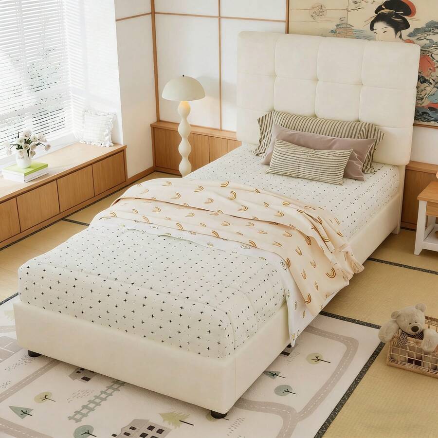 Lit de grande taille pour enfant sécurisé, design biscuit – Avec tête de lit douillette, barrières en mousse anti-choc, construction composite – 90x200 cm, couleur beige (Vendu sans matelas) - défaut - Voir 1