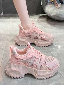 2025 New Starry Rhinestone Thick Sole White Sneakers For Women, Fashionable Elevated Casual Running Shoes - Pink - View 4
