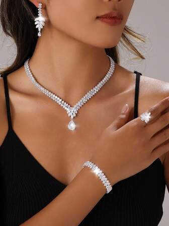 4件套奢华女士优雅戒指、手链、耳环、项链首饰套装，新娘婚礼派对配饰，女士节日派对礼物