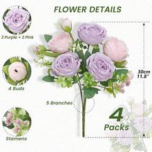 2/4/8/12 Packs Peonies Artificial Flowers, Mixed Pink Artificial Peonies, Silk Peonies Flowers Fake Peonies Artificial Flowers Peonies Bouquet For Centerpiece Table Wedding Party Home Decor - 紫丁香色 - 查看 13