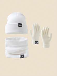 3pcs LA Logo Knit Beanie + Scarf + Gloves Set, Unisex Autumn/Winter Windproof Warm Soft Comfortable Hat, Neck Warmer, Gloves, Suitable For Daily Commute, Study, Work, Gathering, Outdoor Travel, Hiking, Versatile Knit Cap, Essential For Cold Weather Vacation Outfits - A - View 7