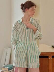 Women's Casual Elegant Asymmetrical Green Striped Shirt And Shorts Set, Fashion Loungewear Spring - Green - View 1