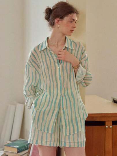 Women's Casual Elegant Asymmetrical Green Striped Shirt And Shorts Set, Fashion Loungewear Spring