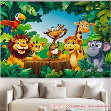 2D Flat, 1 Banner With A Background Of A Jungle Animal Party Featuring Lions, Tigers, Giraffes, Monkeys And Parrots. High-Definition Printed Jungle Scene With Green Leaves Polyester Fabric - 1pcs - View 5