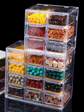1 pieza Organizador de cuentas de acrílico con cajones, caja de almacenamiento de plástico transparente apilable para hacer joyas y colección de cuentas, estuche de exhibición de múltiples compartimentos para manualidades y accesorios