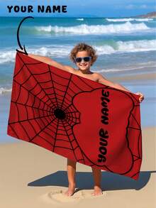 1pc Customized Text Spider Web Pattern Beach Towel, Personalized Bath Towel, Kids Towel, Pool Towel, Bathroom Towel, Vacation Gift, Beach Towel, Outdoor Travel, Beach Essential - Multicolor - View 1